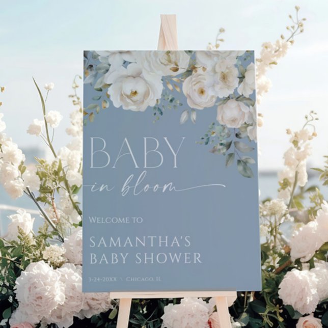 Affiche Bébé en Fleur bleu poussiéreux baby shower garçon (Créateur téléchargé)