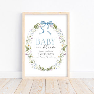 Affiche Bébé en Fleur Bleu Ressort Baby shower de la boue