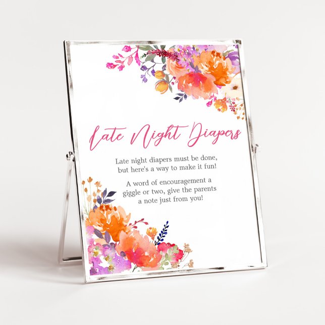 Affiche Bébé en fleur brillant Floral Late Night Diapers (Baby in Bloom Baby Shower Late Night Diapers Sign)