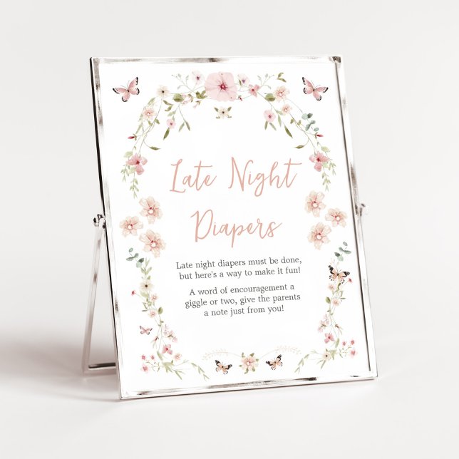 Affiche Bébé en fleur papillon Late Night Diapers (Spring Butterflies Baby Shower Late Night Diapers Sign)