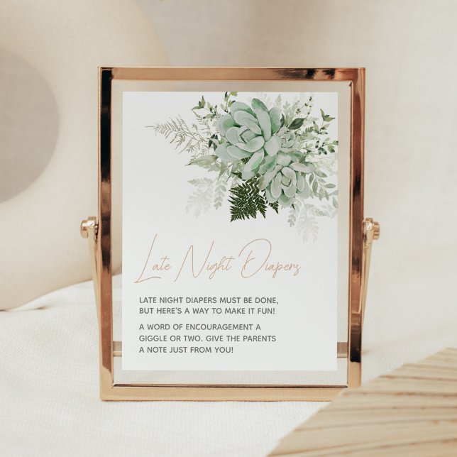 Affiche Bébé en fleur Succulent couche de nuit tardive (Succulents Gender Neutral Baby Shower Late Night Diapers Sign)