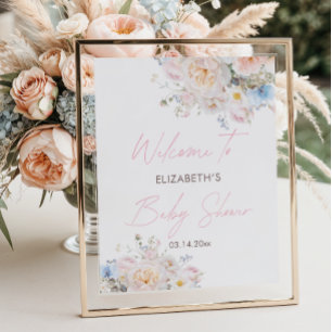Affiche Bébé en fleurs Baby shower rose floral Welcome Pos
