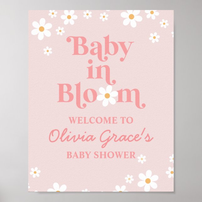 Affiche Bébé en fleurs Bienvenue pour la douche Rose Margu (Devant)