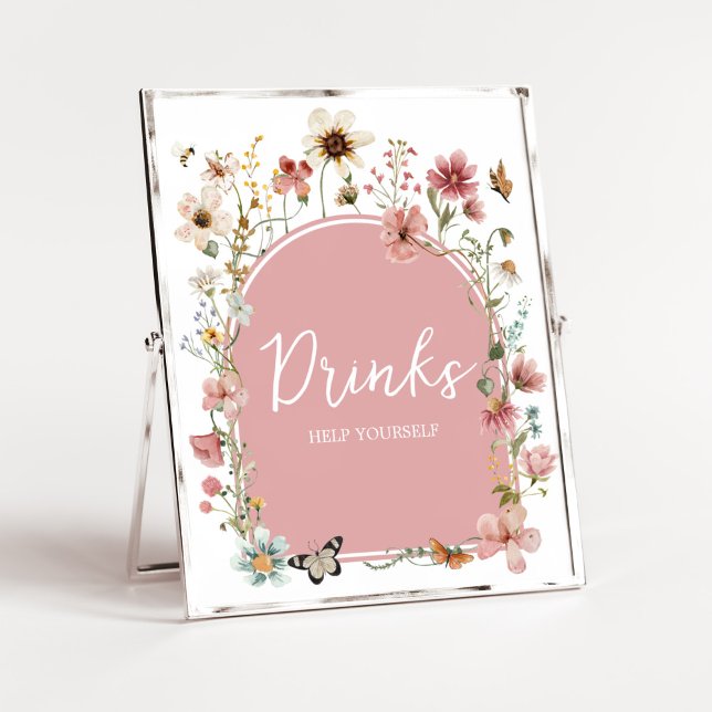 Affiche Bébé en fleurs Boissons Fleurs sauvages (Muted Pink Spring Flowers Baby Shower Drinks Sign)