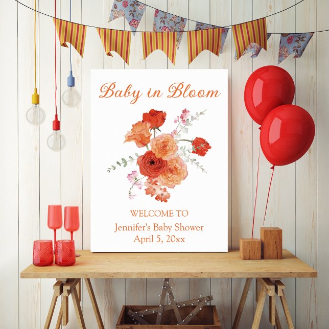 Affiche bébé en fleurs orange bienvenue à la baby shower b (Créateur téléchargé)