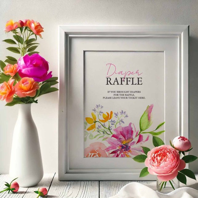 Affiche Bébé en fleurs tirage au sort de couches pancarte  (Baby shower decor watercolor floral diaper raffle sign in pink and orange)