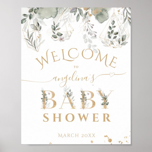Affiche Bébé en fleurs Verdure & Baby shower Or accueil (Devant)