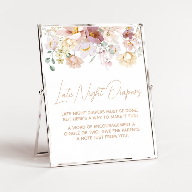 Affiche Bébé en floraison Florals couche tard dans la nuit (Spring Wildflower Baby Shower Late Night Diaper Sign)