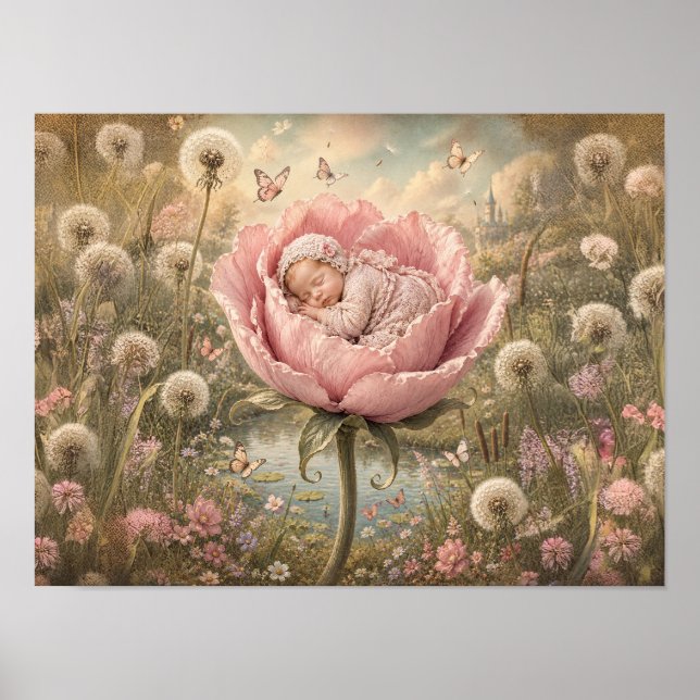 Affiche Bébé endormi dans une fleur rose  (Devant)