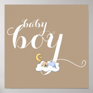 Affiche Bébé endormi typographie mignonne pépinière brune