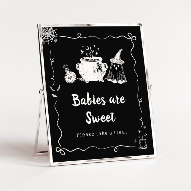Affiche Bébé est en route pour Halloween Bébés sont doux S (Hand Drawn A Baby is Brewing Baby Shower Babies are Sweet Sign)