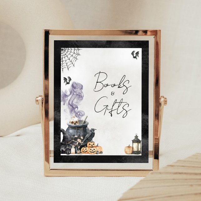 Affiche Bébé est en train de brasser Signe de livres et de (A Baby is Brewing Halloween Baby Shower Books and Gifts Sign)
