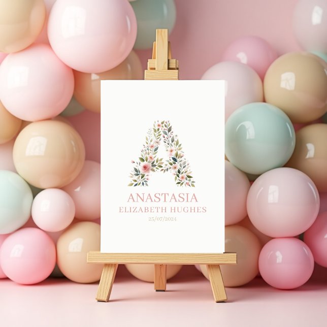Affiche Bébé Fille Floral Nom et Date de Naissance Personn (Baby Girl Floral Personalised Name and Birthdate Poster )