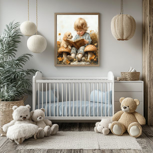 Affiche Bébé fille lisant à des champignons de chiot bronz