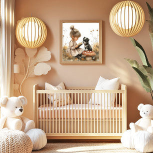 Affiche Bébé fille lisant un chien noir et blanc Champigno