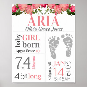 Affiche Bébé Fille Naissance Stat Signal rose Flore Emprei