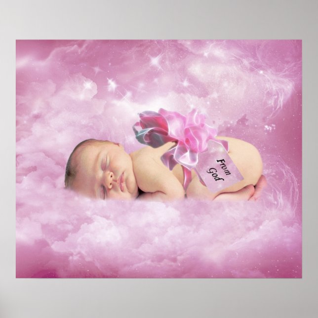Affiche Bébé fille nuages roses imaginaire chambre à poste (Devant)
