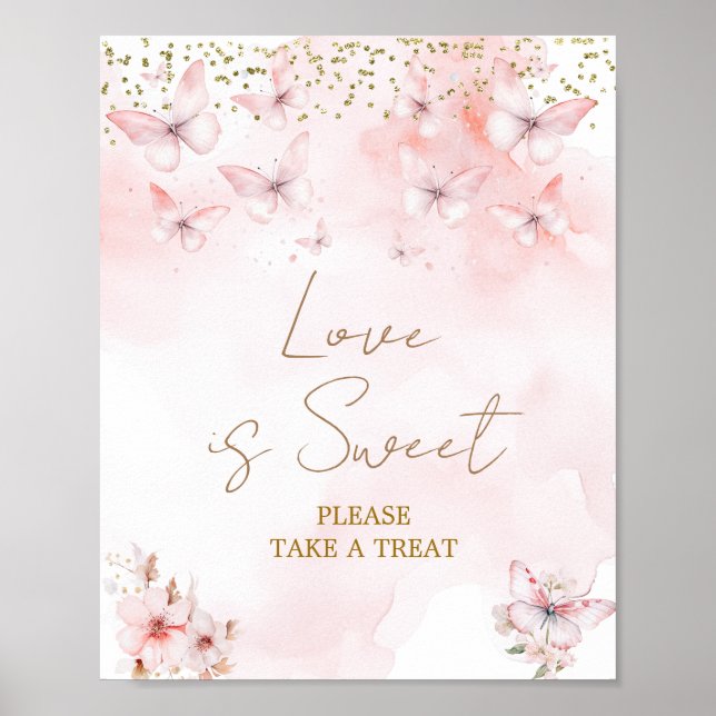 Affiche Bébé Fille Papillon Rose Baptême Love is Sweet (Devant)