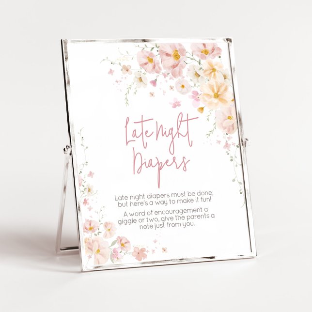 Affiche Bébé fleur sauvage en fleur Late Night Diapers (Baby in Bloom Baby Shower Late Night Diapers Sign)