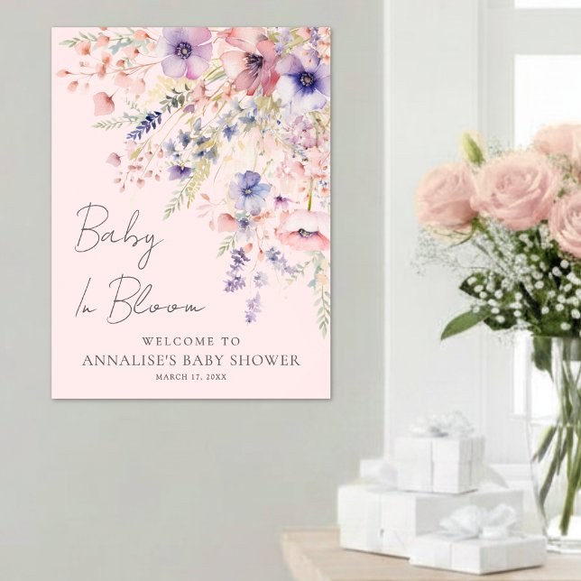 Affiche Bébé Fleur Sauvage en Fleur Rose Bienvenue à la Ba (Wildflower Baby In Bloom Pink Baby Shower Welcome Poster )