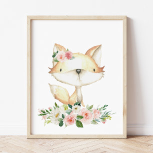 Affiche Bébé Fox, Bois Animaux, Boho, Fleurs roses