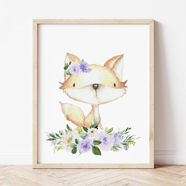 Affiche Bébé Fox, Bois Animaux, Boho, Fleurs violettes (Créateur téléchargé)