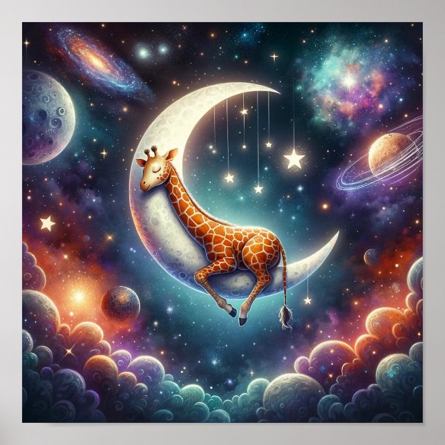 Affiche Bébé girafe céleste dormant sur la lune et les éto (Devant)