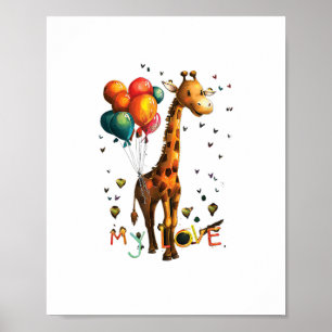 Affiche Bébé girafe mignon avec ballons colorés et couleur