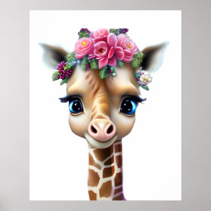 Affiche Bébé girafe mignon avec des fleurs et du houx