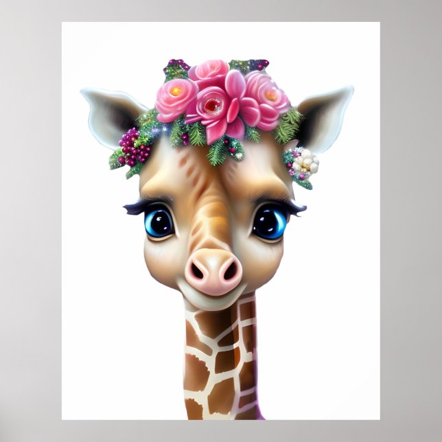 Affiche Bébé girafe mignon avec des fleurs et du houx (Devant)