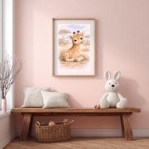 Affiche Bébé girafe mignon mangeant dans une chambre de nu