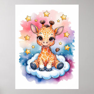 Affiche Bébé girafe rêveur sur un nuage - Aquarelle