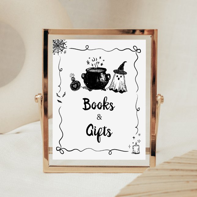 Affiche Bébé Halloween est en train de préparer le panneau (Hand Drawn A Baby is Brewing Baby Shower Books and Gifts Sign)