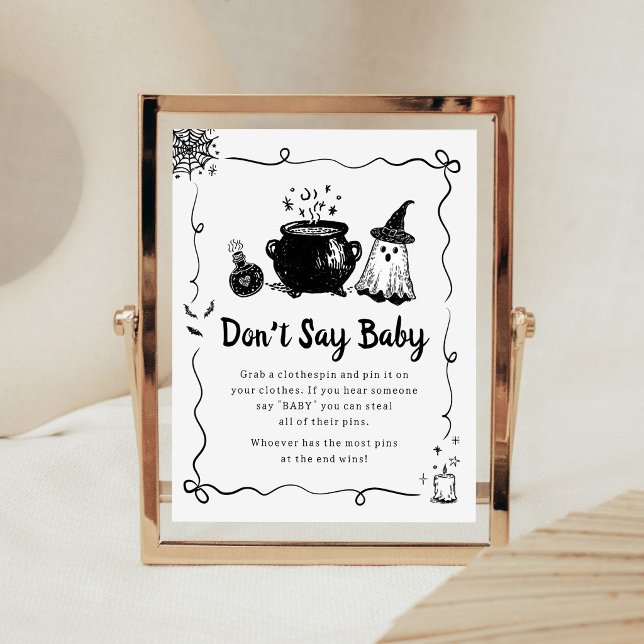 Affiche Bébé Halloween se prépare Ne dites pas panneau béb (Hand Drawn A Baby is Brewing Baby Shower Don't Say Baby Sign)