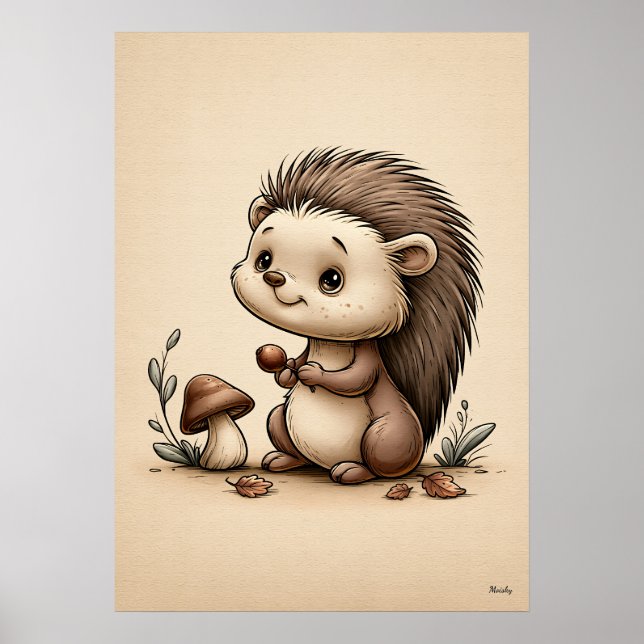 Affiche Bébé hérisson mignon Nursery scandinave forêt (Devant)