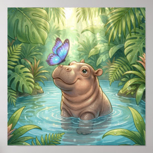 Affiche Bébé Hippopotame Mignon avec Papillon Jungle Nurse