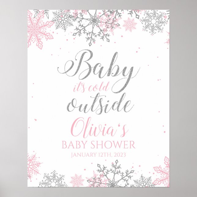 Affiche Bébé Il fait froid dehors Baby shower rose argent (Devant)