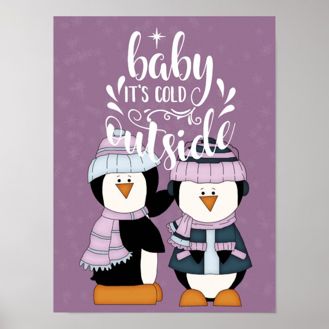 Affiche Bébé il fait froid dehors Manchots violets et bleu (Devant)
