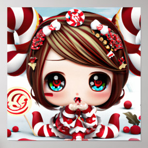 Affiche Bébé kawaii de Noël avec des bonbons et des yeux b