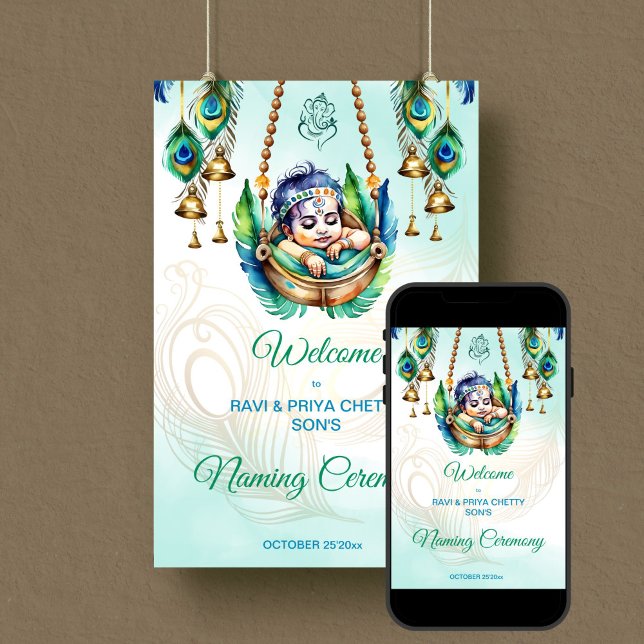 Affiche Bébé Krishna Cérémonie de baptême du berceau bienv (Baby Krishna Naming Cradle Namkaran Hindu Ceremony welcome sign Poster editable template download)