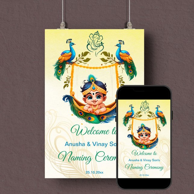 Affiche Bébé Krishna Cérémonie de reconnaissance du bercea (Baby Krishna baby naming cradle namkaran ceremony welcome sign template poster instant download)