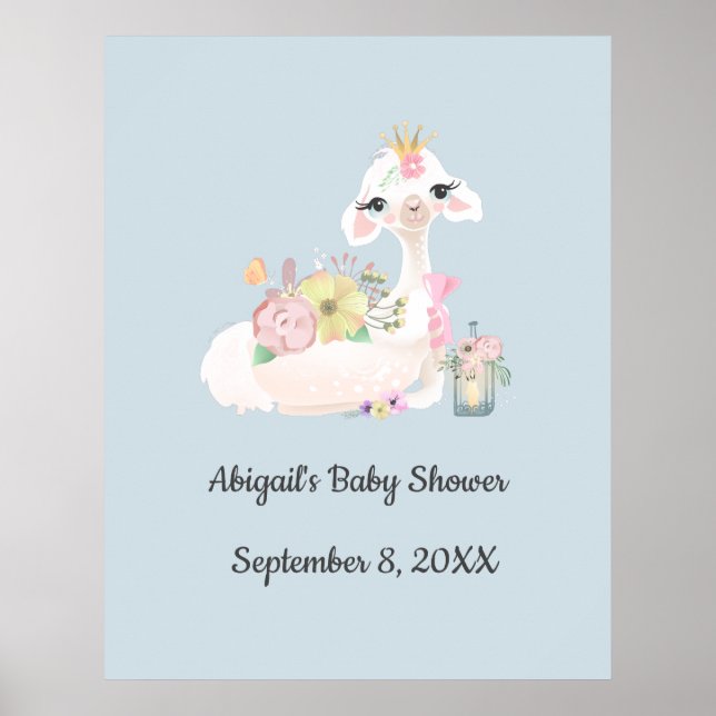 Affiche Bébé Lama avec Fleurs Blanches et Bleues Bébé Garç (Devant)