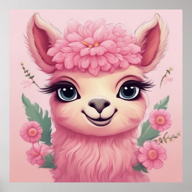 Affiche Bébé Lama Souriant Rose (Devant)