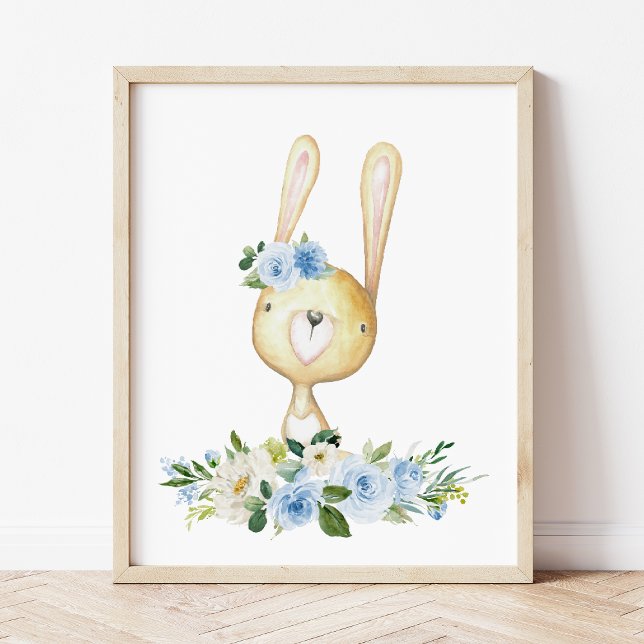 Affiche Bébé lapin, Animaux en bois, Boho, Fleurs bleues (Créateur téléchargé)