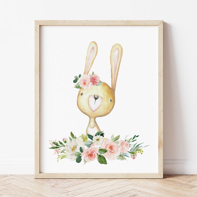 Affiche Bébé lapin, Animaux en bois, Boho, Fleurs roses (Créateur téléchargé)