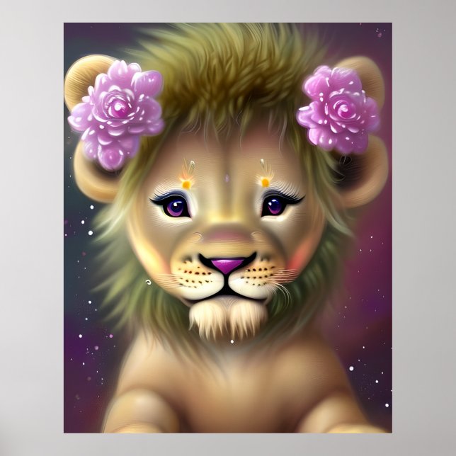 Affiche Bébé lion mignon avec graphique de fleurs roses (Devant)
