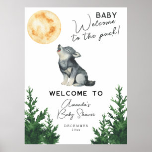 Affiche Bébé loup aquarelle Bienvenue à la baby shower