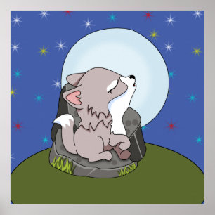 Affiche Bébé loup hurlant à la lune