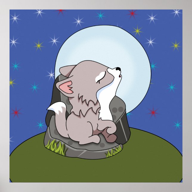 Affiche Bébé loup hurlant à la lune (Devant)