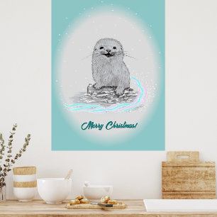 Affiche Bébé loutre de mer blanche mignonne, Joyeux Noël